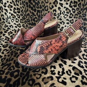 Women’s Aldo Red Orange Snake-Print Slingback Block Heel Sandals Leather